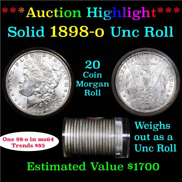 ***Auction Highlight***  Full solid date 1898-o Uncirculated Morgan silver dollar roll, 20 coins (fc