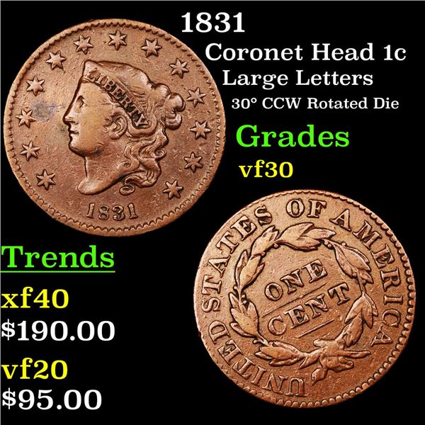 1831 Coronet Head Large Cent 1c Grades vf++