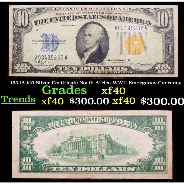 1934A $10 Silver Certificate North Africa WWII Emergency Currency Grades xf