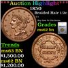 Image 1 : 1850 C-1 Braided Hair Large Cent 1c Graded ms62 By SEGS