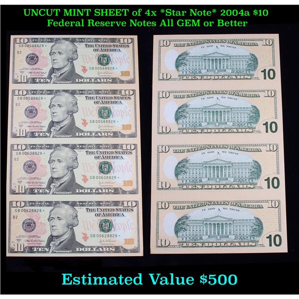***Auction Highlight*** UNCUT MINT SHEET of 4x *Star Note* 2004a $10 Federal Reserve Notes All GEM o