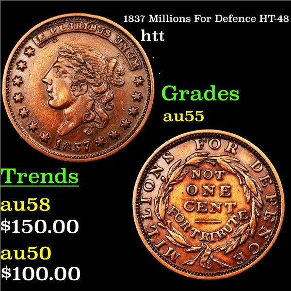 1837 Millions For Defence HT-48 Hard Times Token 1c Grades Choice AU