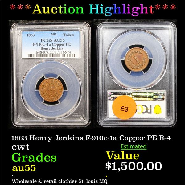 ***Auction Highlight*** PCGS 1863 Henry Jenkins F-910c-1a Copper PE R-4 Civil War Token 1c Graded au
