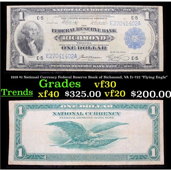 1918 $1 National Currency Federal Reserve Bank of Richmond, VA fr-722 "Flying Eagle" Grades vf++