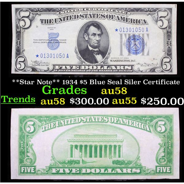 **Star Note** 1934 $5 Blue Seal Siler Certificate Grades Choice AU/BU Slider