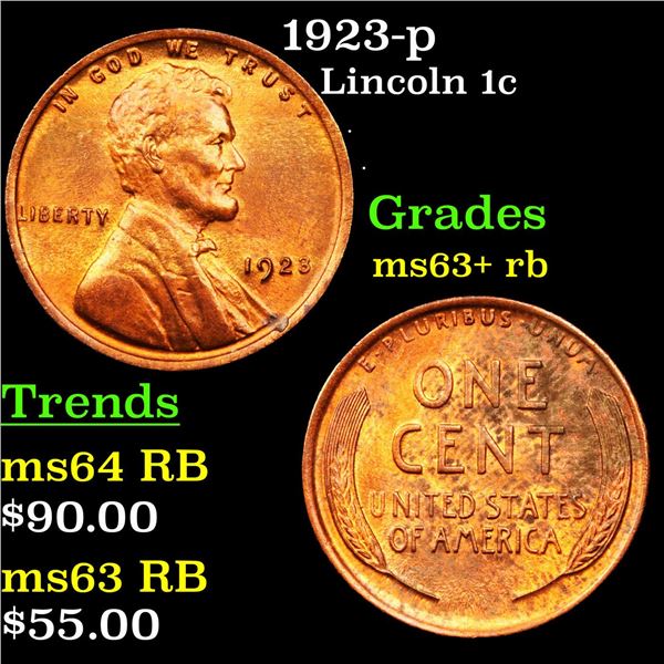 1923-p Lincoln Cent 1c Grades Select+ Unc RB