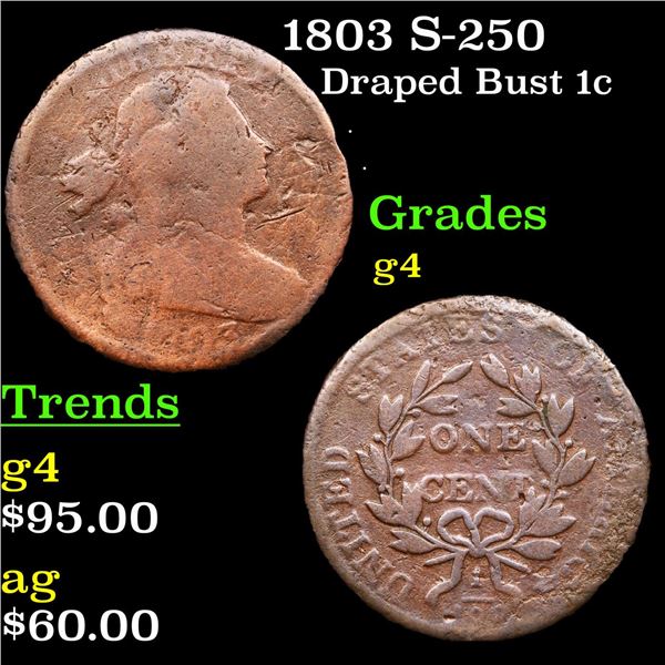 1803 S-250 Draped Bust Large Cent 1c Grades g, good