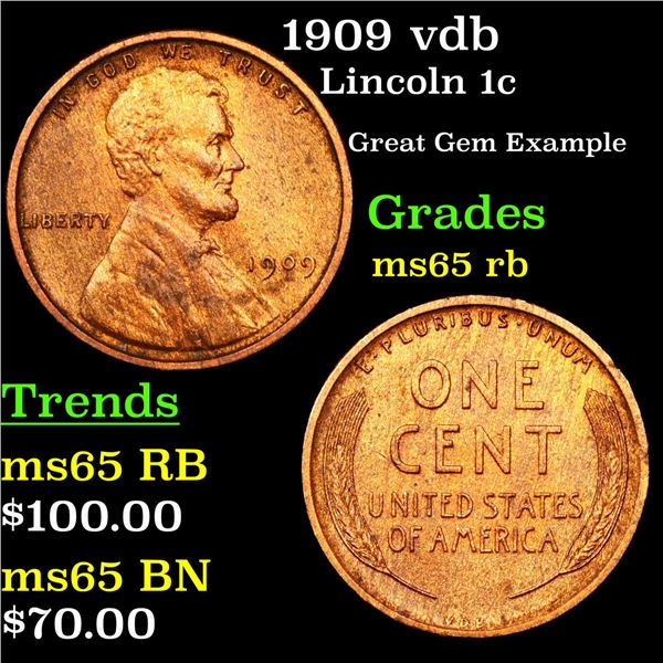 1909 vdb Lincoln Cent 1c Grades GEM Unc RB