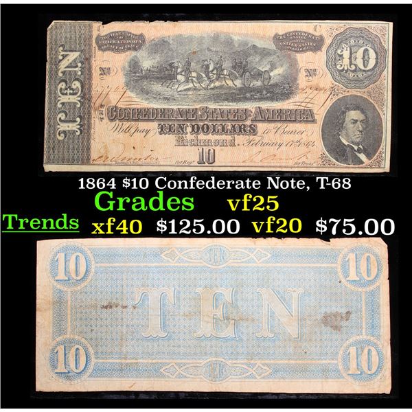 1864 $10 Confederate Note, T-68 Grades vf+