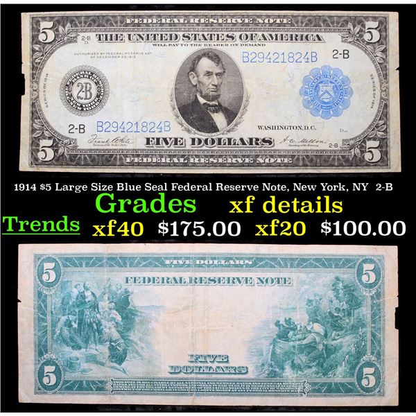 1914 $5 Large Size Blue Seal Federal Reserve Note, New York, NY  2-B Grades xf details