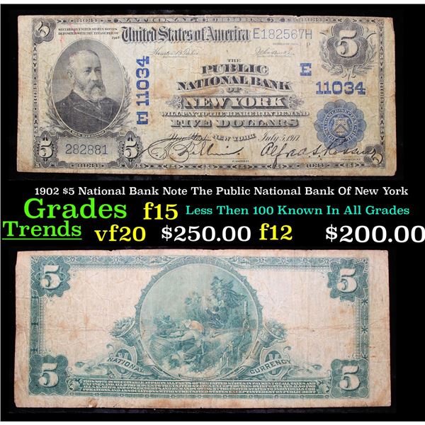 1902 $5 National Bank Note The Public National Bank Of New York Grades vf, very fine