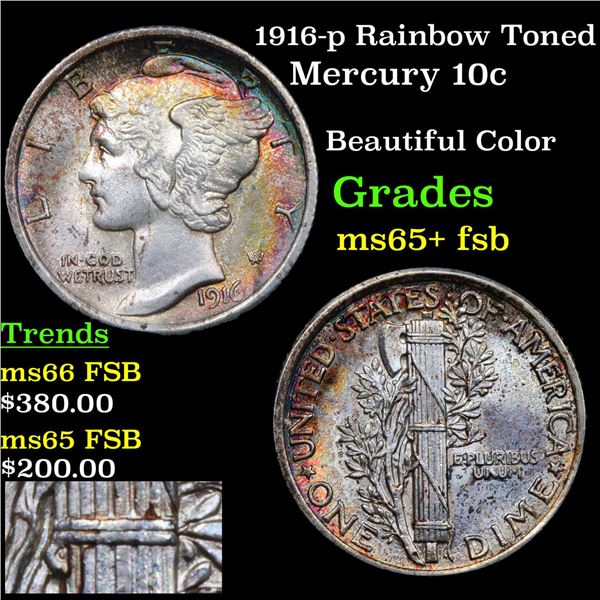 1916-p Rainbow Toned Mercury Dime 10c Grades GEM+ FSB
