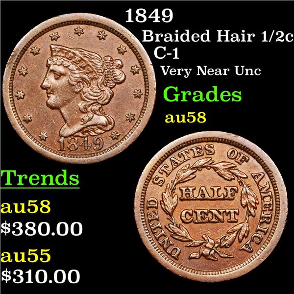 1849 Braided Hair Half Cent 1/2c Grades Choice AU/BU Slider