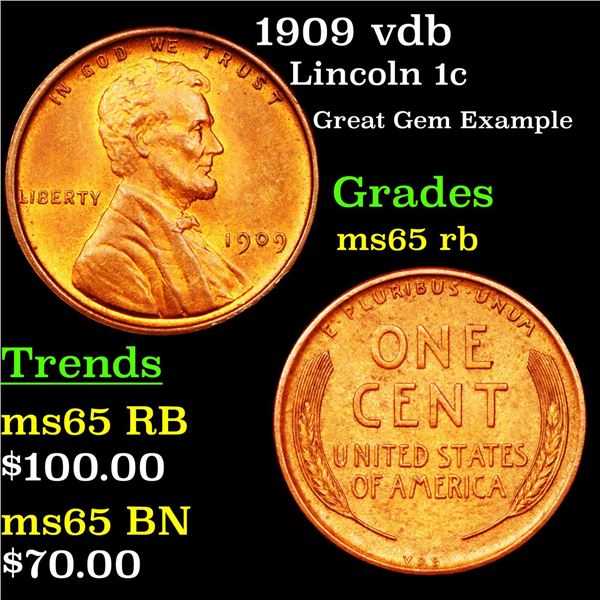 1909 vdb Lincoln Cent 1c Grades GEM Unc RB