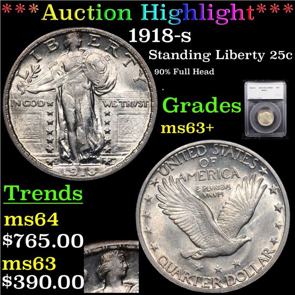 ***Auction Highlight*** 1918-s Standing Liberty Quarter 25c Graded ms63+ By SEGS (fc)