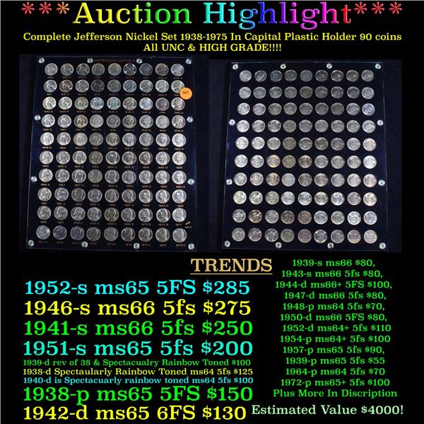 ***Auction Highlight*** Complete Jefferson Nickel Set 1938-1975 In Capital Plastic Holder 90 coins A