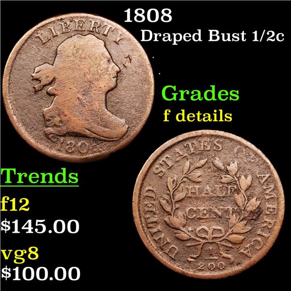 1808 Draped Bust Half Cent 1/2c Grades f details