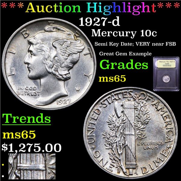 ***Auction Highlight*** 1927-d Mercury Dime 10c Graded GEM Unc By USCG (fc)