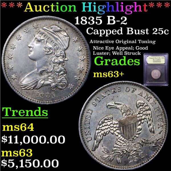 ***Auction Highlight*** 1835 B-2 Capped Bust Quarter 25c Graded Select+ Unc By USCG (fc)