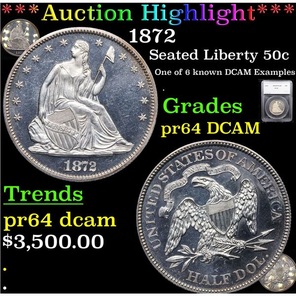 Proof ***Auction Highlight*** 1872 Seated Half Dollar 50c Graded pr64 DCAM By SEGS (fc)