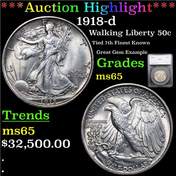 ***Auction Highlight*** 1918-d Walking Liberty Half Dollar 50c Graded ms65 By SEGS (fc)