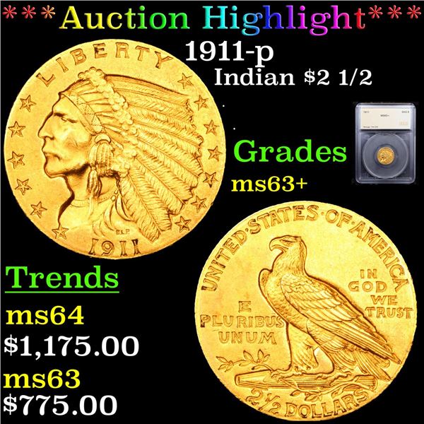***Auction Highlight*** 1911-p Gold Indian Quarter Eagle $2 1/2 Graded ms63+ By SEGS (fc)