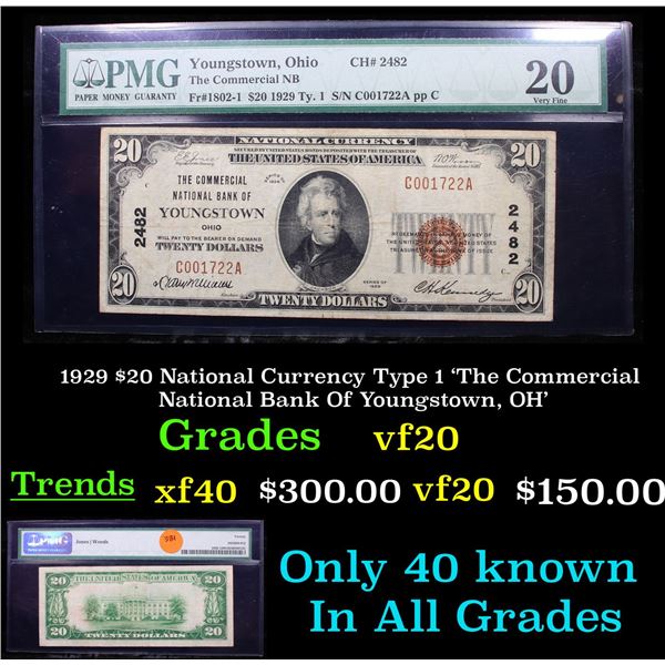 1929 $20 National Currency Type 1 'The Commercial National Bank Of Youngstown, OH' GRaded vf20 By PM