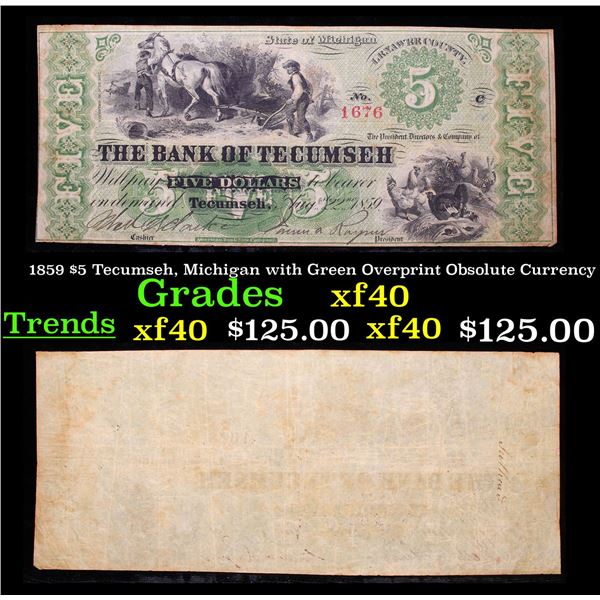 1859 $5 Tecumseh, Michigan with Green Overprint Obsolute Currency Grades xf