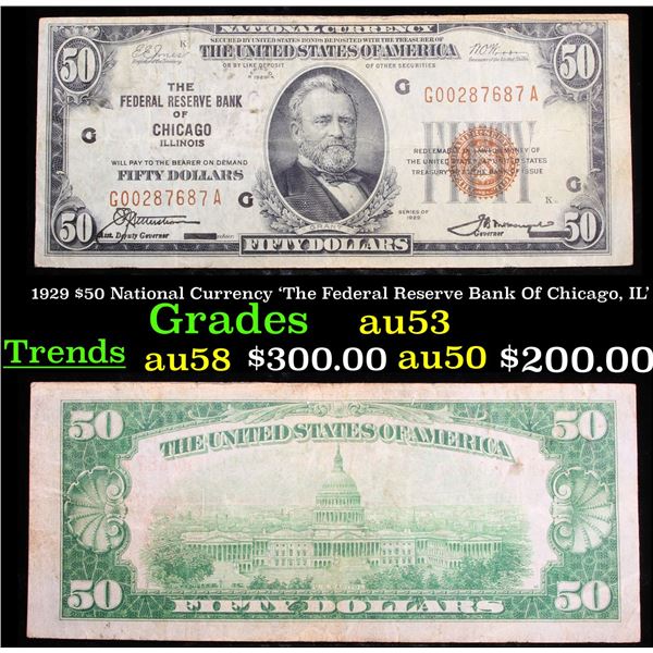 1929 $50 National Currency 'The Federal Reserve Bank Of Chicago, IL' Grades Select AU
