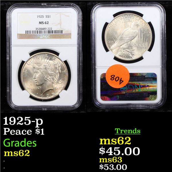 NGC 1925-p Peace Dollar $1 Graded ms62 By NGC