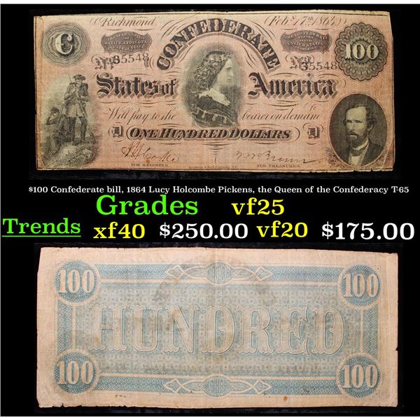 $100 Confederate bill, 1864 Lucy Holcombe Pickens, the Queen of the Confederacy T-65 Grades vf+