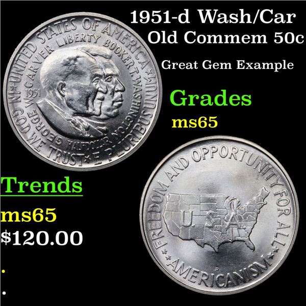 1951-d Wash/Car Old Commem Half Dollar 50c Grades GEM Unc