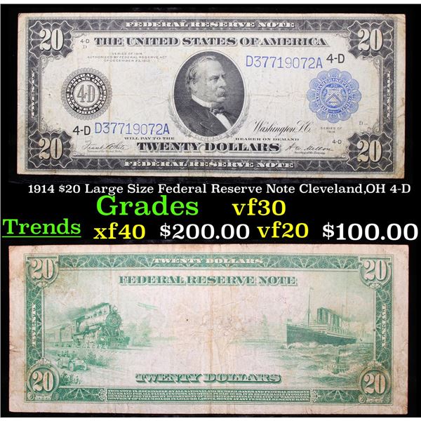 1914 $20 Large Size Federal Reserve Note Cleveland,OH 4-D Grades vf++