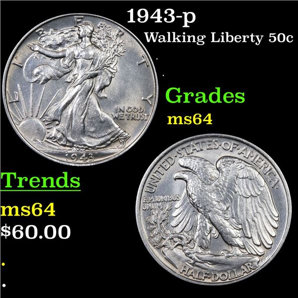 1943-p Walking Liberty Half Dollar 50c Grades Choice Unc