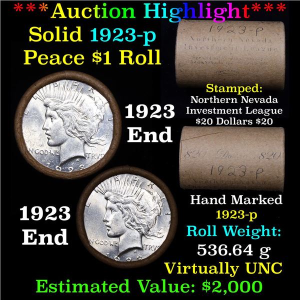 *Auction Highlight* AU/BU Slider Rutland Shotgun Solid Date Peace $1 Roll 1923-p  Virtually UNC (f