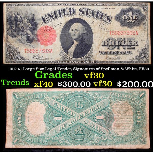 1917 $1 Large Size Legal Tender, Signatures of Spellman & White, FR39  Grades vf++