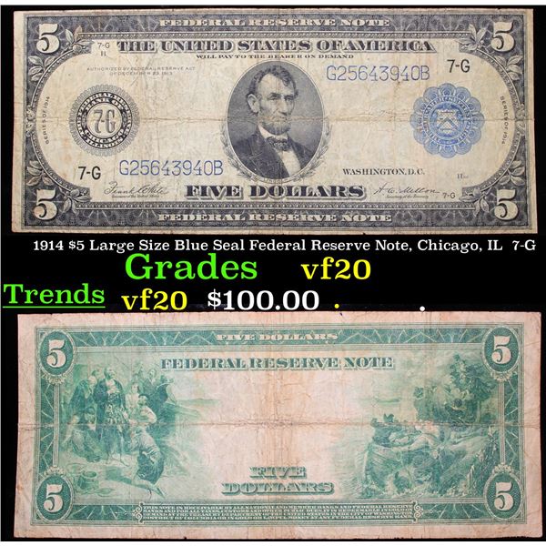 1914 $5 Large Size Blue Seal Federal Reserve Note, Chicago, IL  7-G Grades vf, very fine