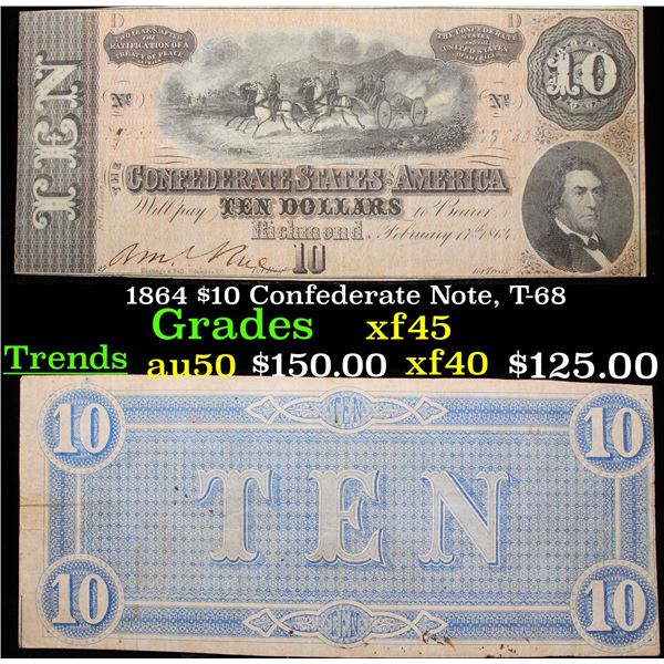 1864 $10 Confederate Note, T-68 Grades xf+