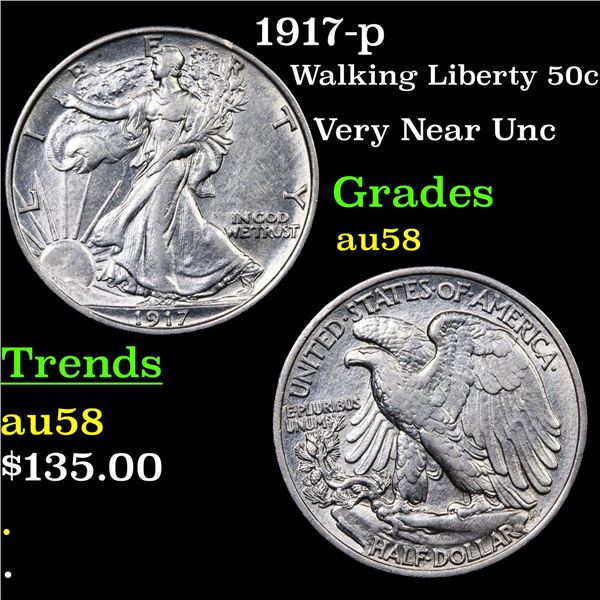 1917-p Walking Liberty Half Dollar 50c Grades Choice AU/BU Slider