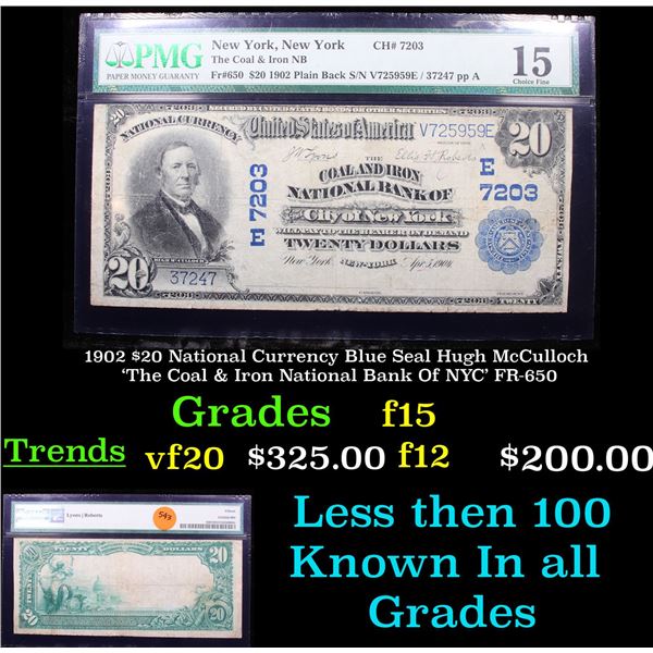 1902 $20 National Currency Blue Seal Hugh McCulloch 'The Coal & Iron National Bank Of NYC' FR-650 GR