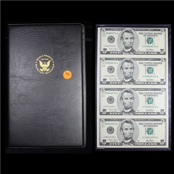 UNCUT MINT SHEET of 4x 2001 $5 Federal Reserve Notes All GEM or Better