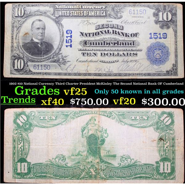 1902 $10 National Currency Third Charter President McKinley The Second National Bank OF Cumberland G