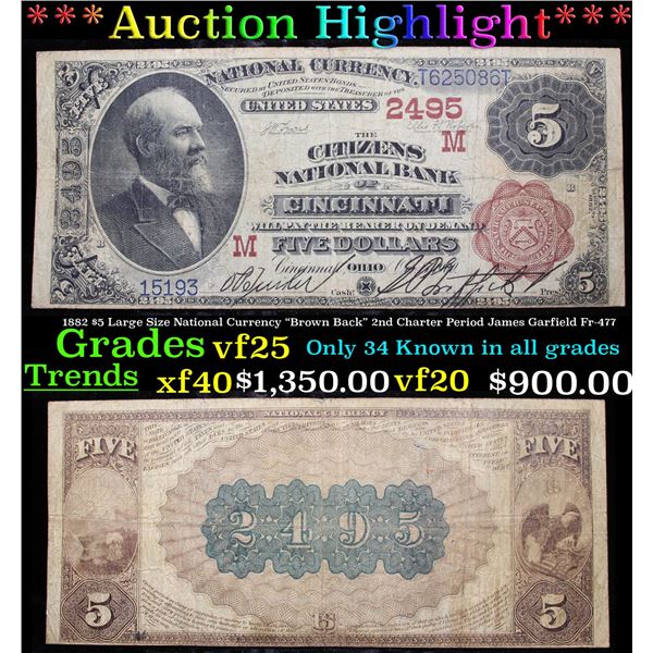 ***Auction Highlight*** 1882 $5 Large Size National Currency "Brown Back" 2nd Charter Period James G