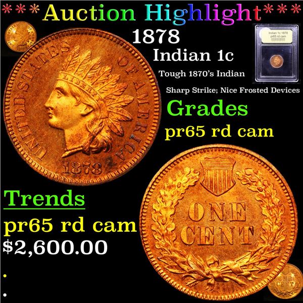 Proof ***Auction Highlight*** 1878 Indian Cent 1c Graded Gem Proof Red Cameo By USCG (fc)