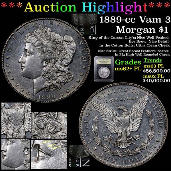 ***Auction Highlight*** 1889-cc Vam 3 Morgan Dollar $1 Graded Select Unc+ PL By USCG (fc)