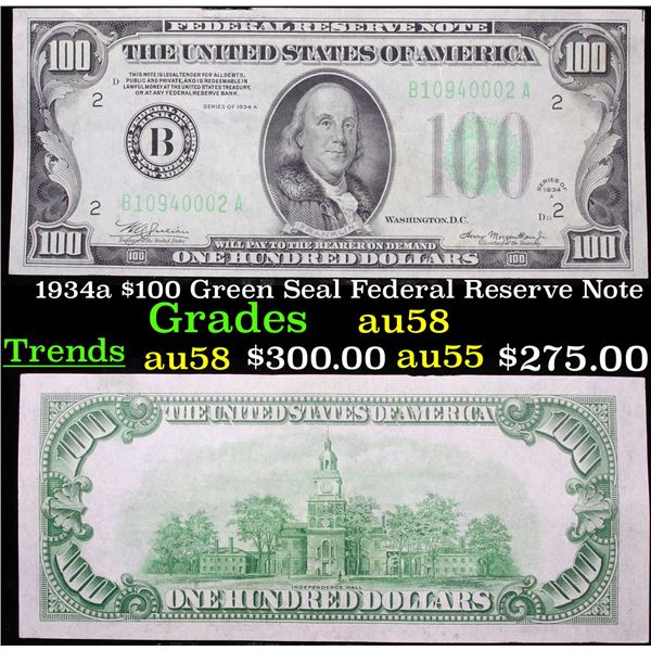1934a $100 Green Seal Federal Reserve Note Grades Choice AU/BU Slider