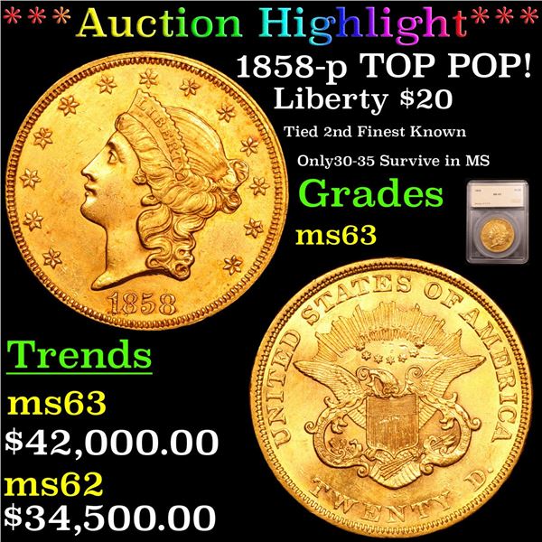 *HIGHLIGHT OF ENTIRE AUCTION* 1858-p TOP POP! Gold Liberty Double Eagle $20 Graded ms63 By SEGS (fc)