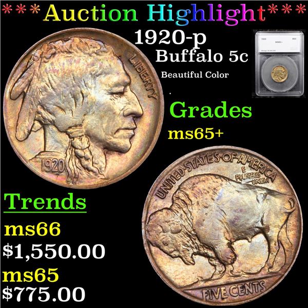 ***Auction Highlight*** 1920-p Buffalo Nickel 5c Graded ms65+ By SEGS (fc)