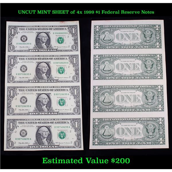 UNCUT MINT SHEET of 4x 1999 $1 Federal Reserve Notes