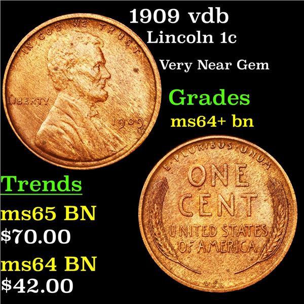 1909 vdb Lincoln Cent 1c Grades Choice+ Unc BN